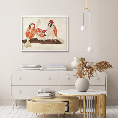 Art mural encadré ludique sur une branche, impression d'oiseau aquarelle fantaisiste pour chambre d'enfant bohème ou décor de couloir d'inspiration scandinave