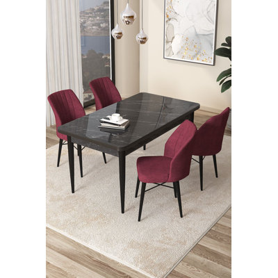Ensemble de table et chaises de salle à manger moderne 5 pièces, marbre noir et bourgogne | Table en carton 100% enduit de mélamine, table: 43,3 po x 29,9 po x 27,6 po | Chaises: 17,7 po x 35,4 po x 16,5 po | Structure en métal, pieds en bois, assise en mousse confortable, design élégant