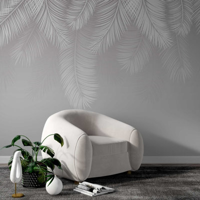 Hanging White Palm Leaves Wall Mural | Soft Grey Tropical Canopy Wallpaper | Non-Woven or Peel and Stick