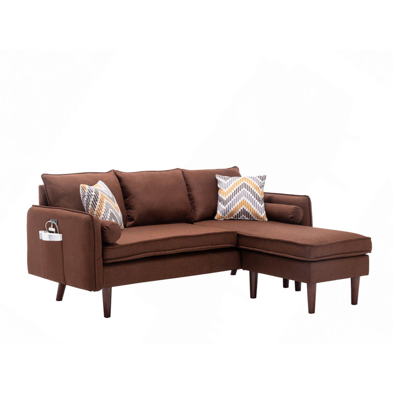 Gouvernour L Shaped Sectional Sofa Chaise with USB Charger & Pillows, Left Hand Facing, Linen, Brown Linen
