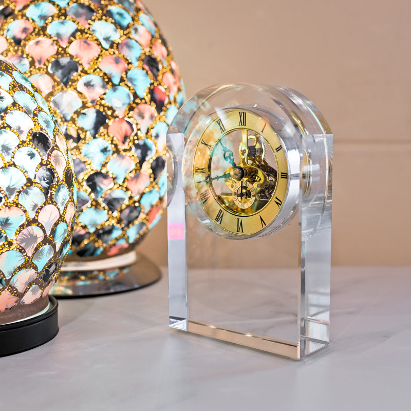 Roman Numeral Glass Mechanical Tabletop Clock in Clear Glass