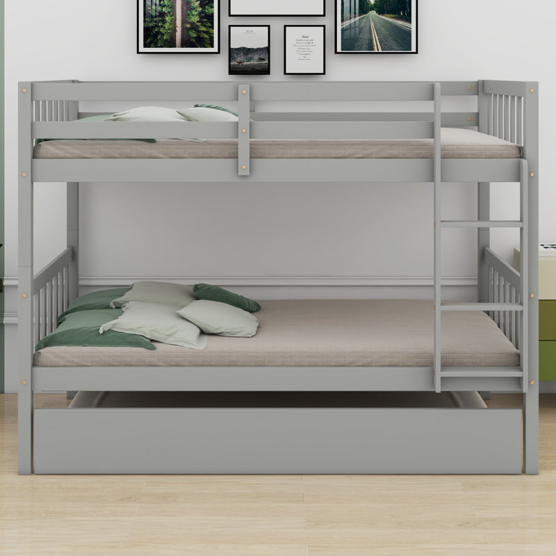 Detachable Wood Bunk Bed With Trundle, Converts To Two Beds, Space-Saving Design, Gray
