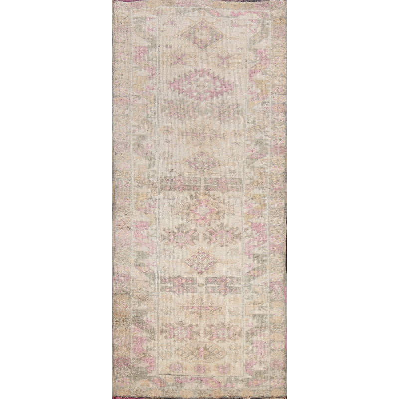 Tapis de couloir beige en laine noué à la main de conception unique 2 pi 7 po x 7 pi 1 po New Age