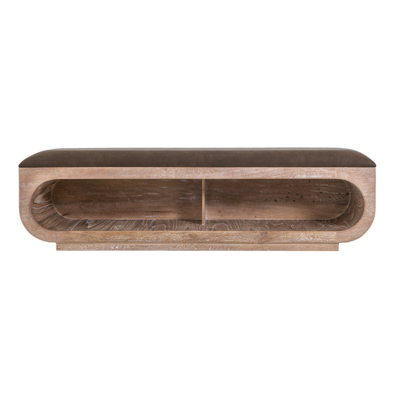 Wooden bench with a cushioned seat and open storage underneath., Brown, Natural