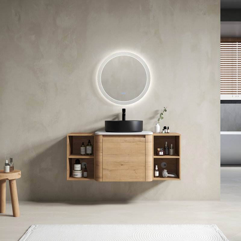 Meuble-lavabo mural 48 po avec lavabo d'art en céramique et 2 tablettes de rangement, porte à fermeture en douceur