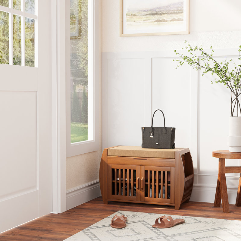 5-Pair Capacity Red-Brown Bamboo Shoe Bench with Hidden Storage
