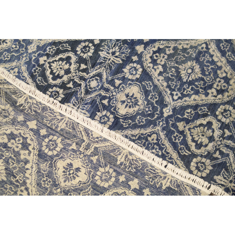 Tapis bleu foncé et gris noué à la main de haute qualité