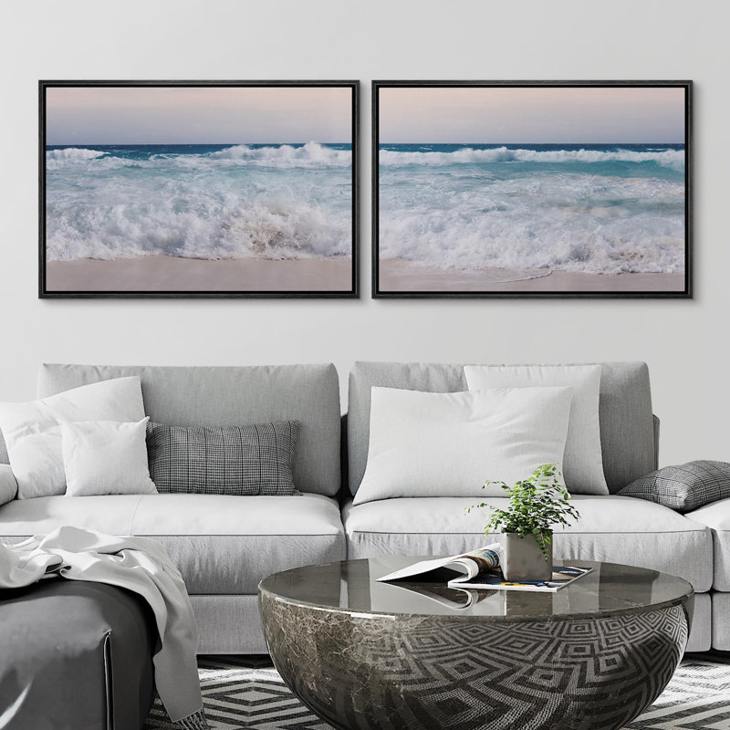 Plage côtière - vagues bleues sur la plage - 2 pièces, Cadre noir, H 24 po x l 36 po