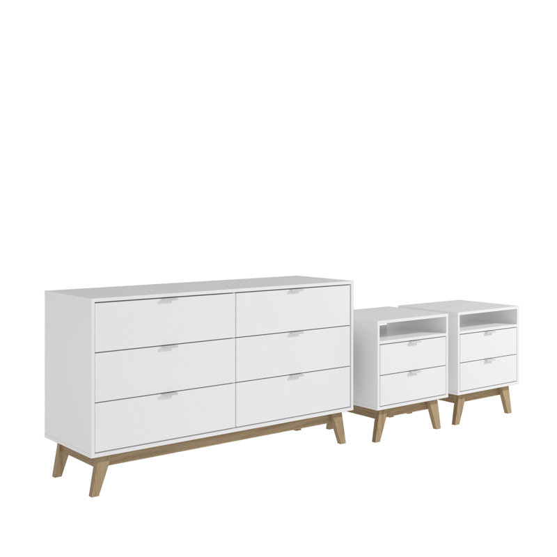 Bernando 3-Piece Bedroom Set - 6-Drawer Dresser And Two 2-Drawer Nightstands, White