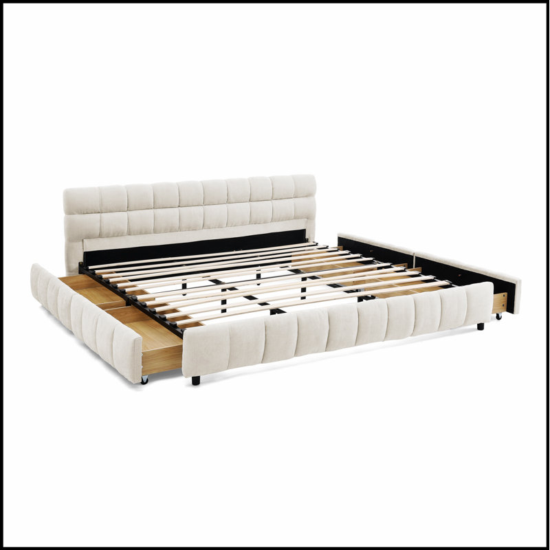 Lit rembourré en chenille confortable avec tête de lit, structure solide et tiroir de rangement pour un sommeil élégant et fonctionnel