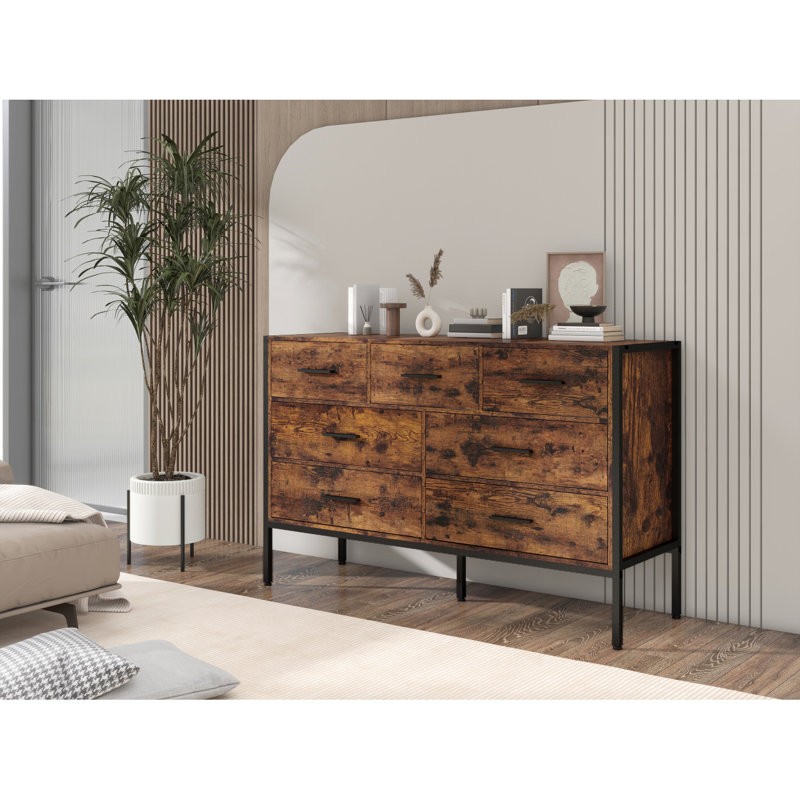 Commode en bois avec 6 tiroirs Armoire à vêtements en bois massif avec cadre en acier robuste, Gris