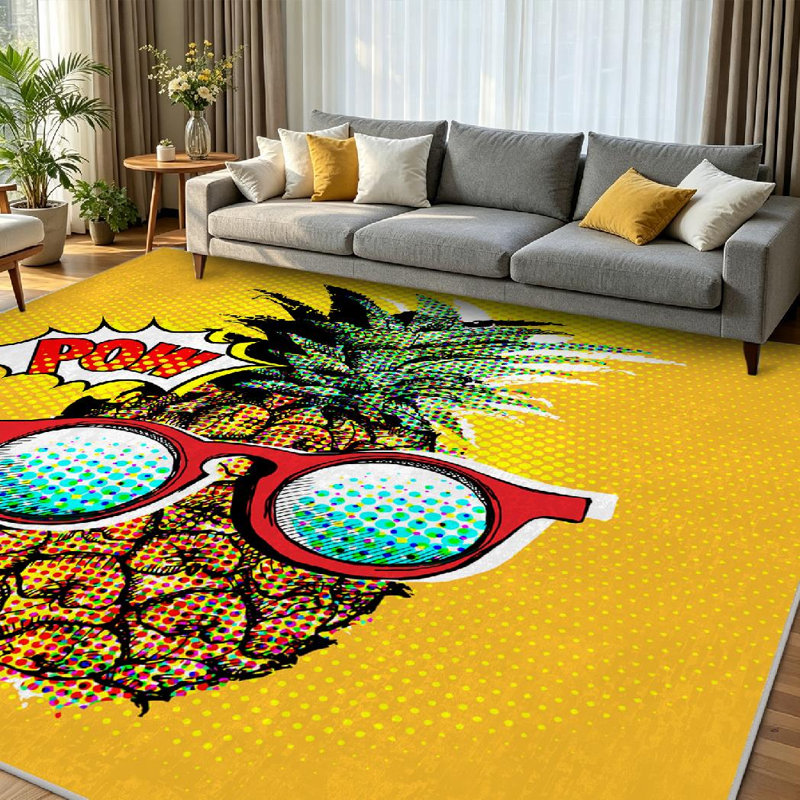 Green Pop Art Comic Pineapple Glasses Food Summer Machine Washable Indoor Area Rug, Rectangle 79" x 118"