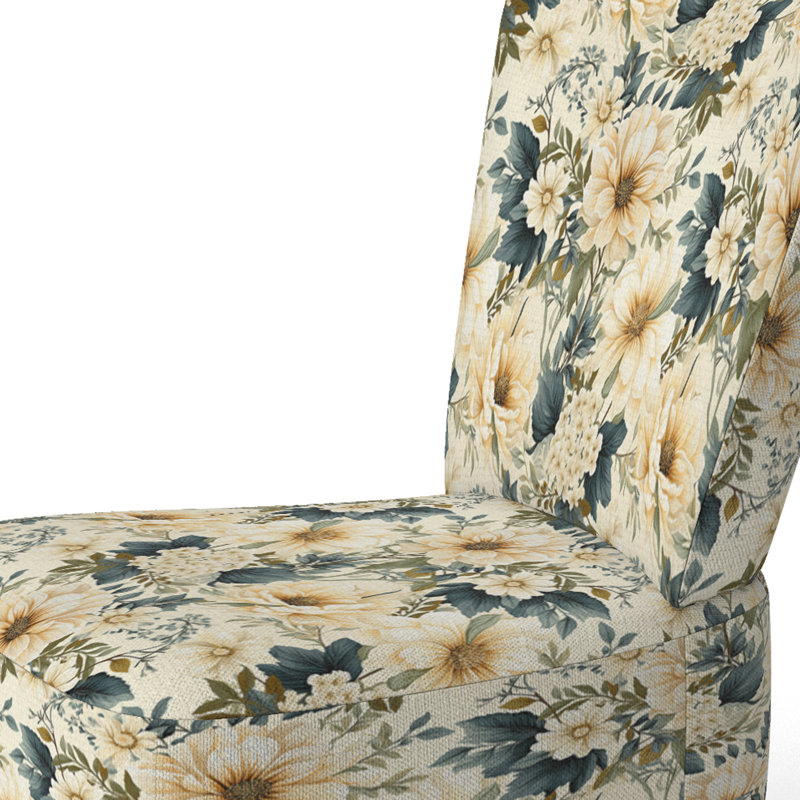 Antique Beige And Blue Peonies Flowers - Upholstered Farmhouse Side Chair, Beige Accent Chair
