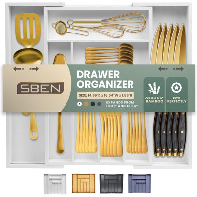 Organisateur de tiroir extensible pour porte-ustensiles Sben, plateau à couverts réglable, 6 à 8 fentes, organisateur de séparateurs de tiroir en bois de qualité supérieure pour l'argenterie, couverts, couteaux de cuisine (blanc)