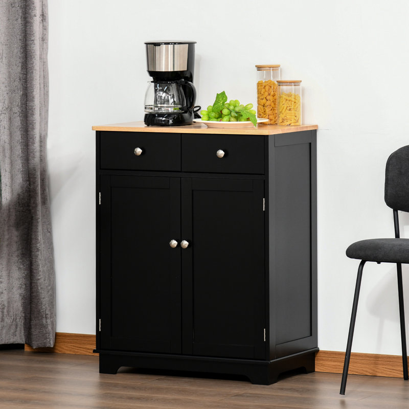 Buffet avec comptoir en bois massif - armoire noire élégante pour la décoration intérieure. 2 tiroirs, tablette réglable pour un rangement efficace. La tablette s'adapte à n'importe quelle pièce