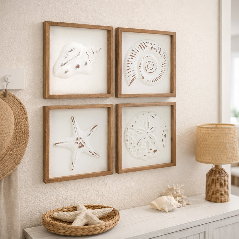 Coquillages et étoiles de mer, ensemble de 4 décorations murales côtières encadrées, décor de mur de plage pour salle de bain, chambre à coucher côtière, décor de maison de plage nautique, coquille texturée et étoile de mer, 9 x 9