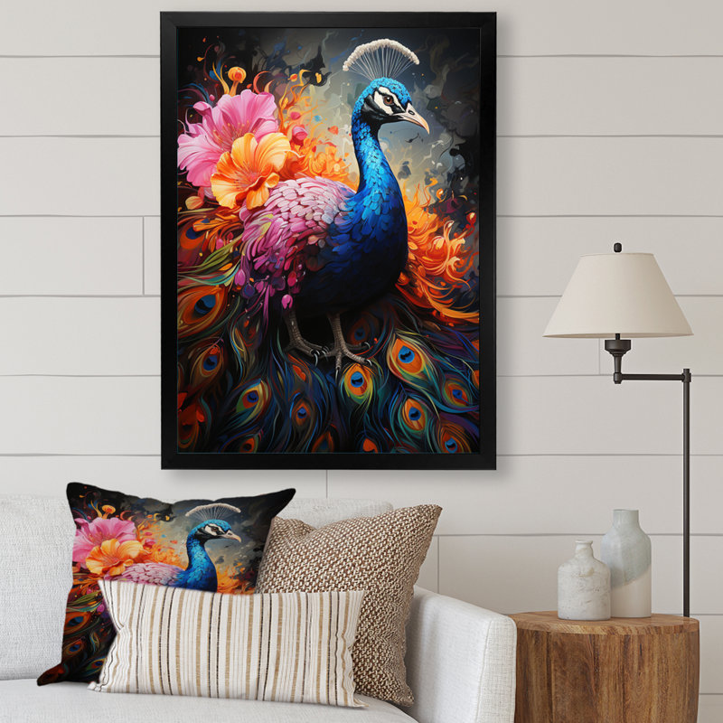 Multicolore arc-en-ciel paon - imprimé, Toile noire à cadre unique, H 32 po x l 16 po x P 1 po