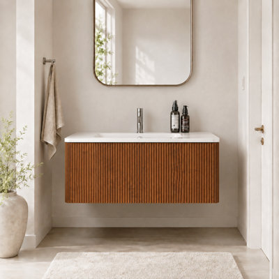 36" Modern Walnut Fluted Wall-Mounted Floating Single Bathroom Vanity with Integrated Solid Surface Sink