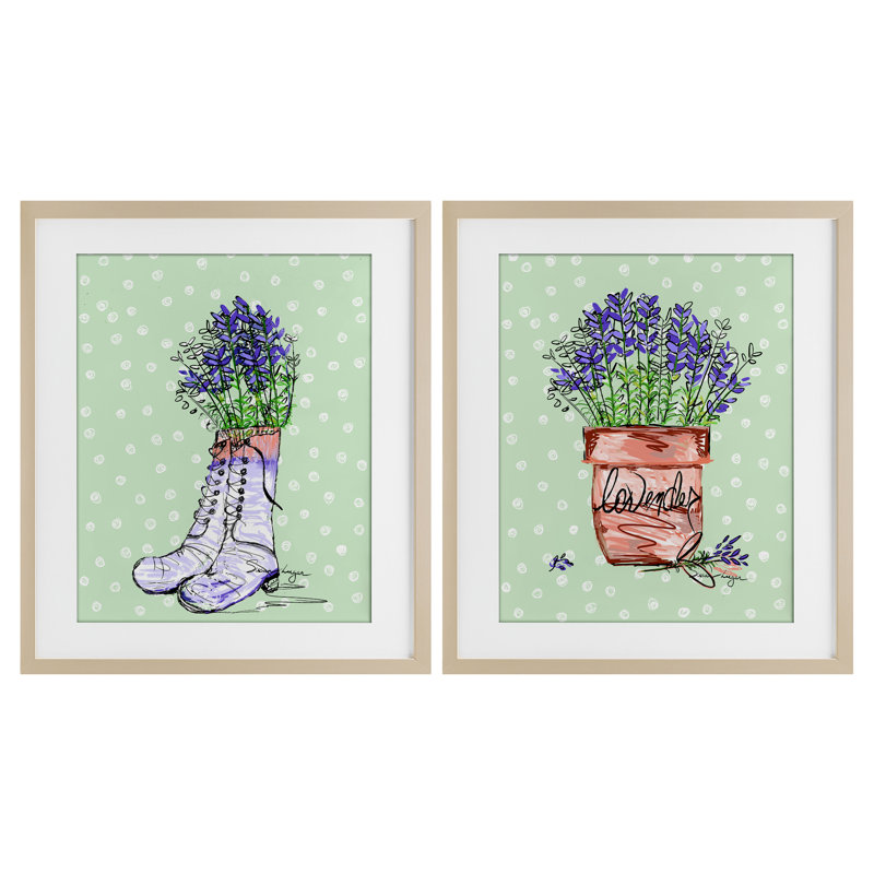 Lavande, herbes, bottes et pot, ensemble de 2 impressions encadrées sous verre, design par Susan Lugar, H 21 po x l 17 po