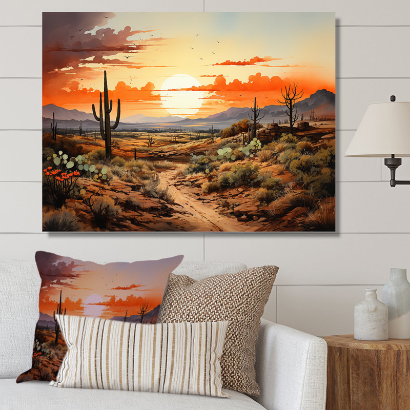 Silhouette orange, Cactus, lever de soleil - Cactus, art mural, Toile tendue, H 12 po x l 20 po x P 1 po