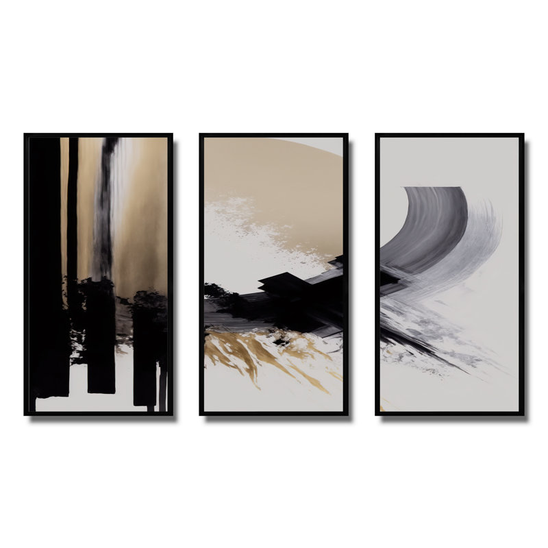 Noir, blanc et or Expression IV - ensemble d'art mural moderne sur toile, Cadre noir, H 28 po x l 36 po x P 1 po