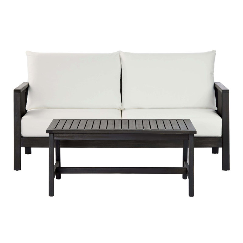 Ensemble de causeuse et table basse d'extérieur 2 pièces, structure en bois d'acacia avec textilène noir, coussins blancs hydrofuges, finition gris foncé pour le patio et la cour