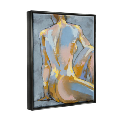Modern Blue Brushed Sitting Nude Black Framed Floater Canvas Wall Art by Trevor Copenhaver