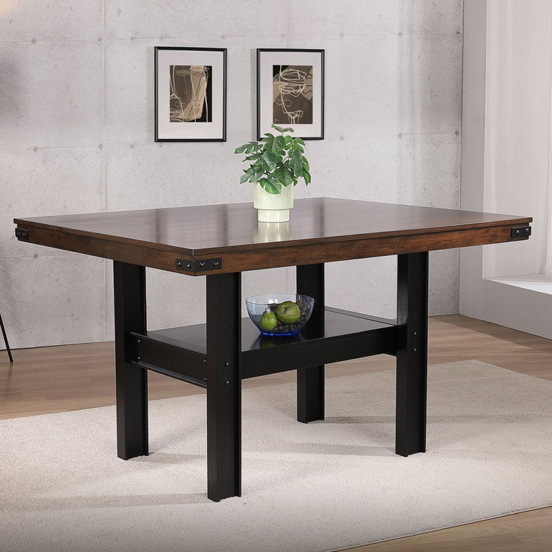Table de salle à manger rectangulaire à hauteur de comptoir en bois avec 1 tablette en chêne manguier et noir