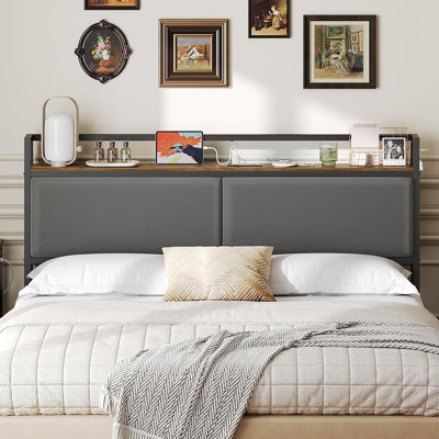 Vintage Style Queen Headboard Only – Upholstered With Open Storage And Built-In Charging Station, Height Adjustable, Rustic Brown/Gray/Black