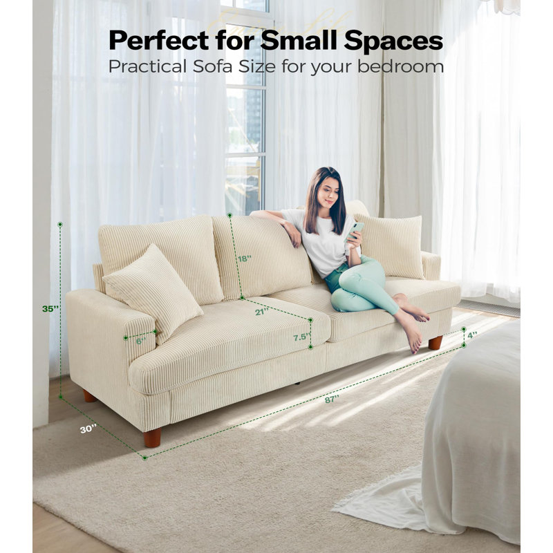 87"Solid Wood Leg Corduroy 3-Person Sofa with 2 Pillows, Beige