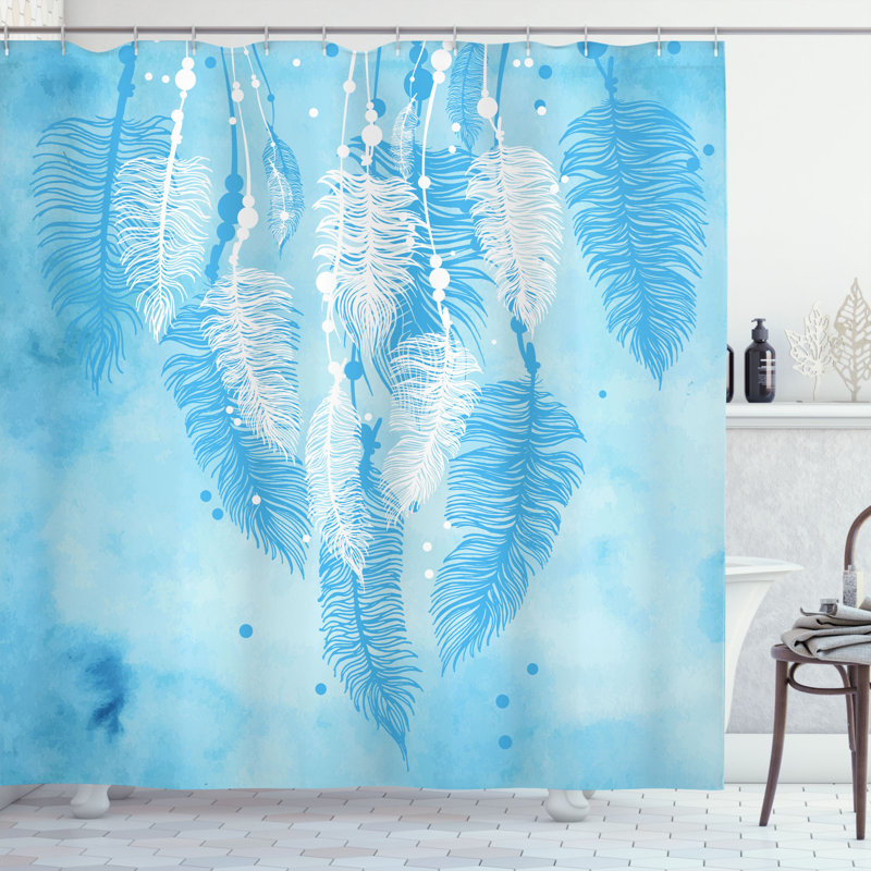 Blue and White Feather Print Fabric Shower Curtain with Hooks