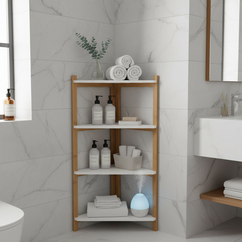 Étagère d'angle à 4 niveaux, bibliothèque d'angle autoportante avec tablettes en bois aggloméré blanc et structure en bois naturel, support de rangement triangulaire peu encombrant pour salle de bain, salon et chambre à coucher, H 33,70 po x l 16,75 po