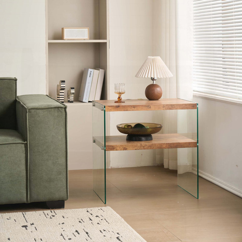 Walnut MDF Side Table with Tempered Glass Top