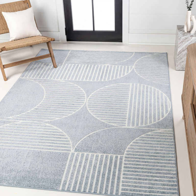 Tapis d'intérieur / extérieur à rayures géométriques bleu clair / crème Anaelisa, Rectangle 3 pi 11 po x 6 pi