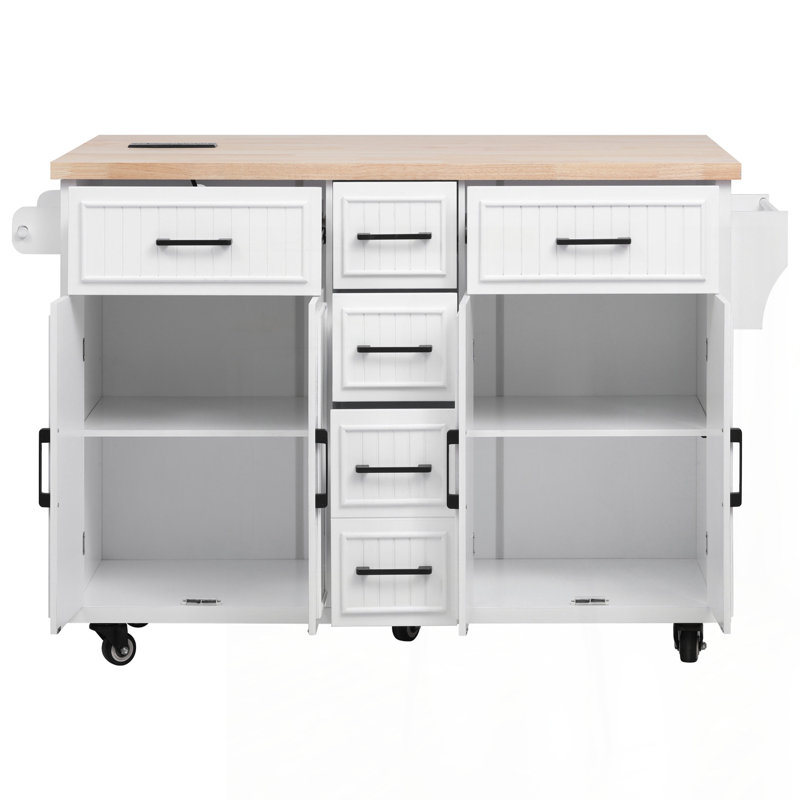 56.5" Kitchen Island with Drop Leaf, 4 Doors, 5 Deep Drawers, and Adjustable Shelves, 36'' H X 56.5'' W X 29.5'' D, White
