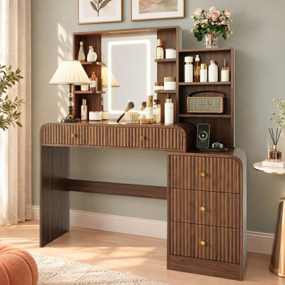 47.4" Fluted Design Makeup Vanity Table with LED Lighted Mirror, Power Outlet & Curved Edge, Dresser Nightstand with Drawers & Open Shelves for Bedroom