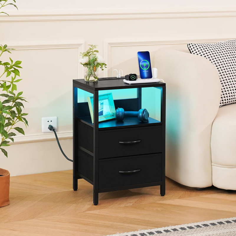 Table de chevet à DEL avec station de charge, tiroirs en tissu et tablette de rangement