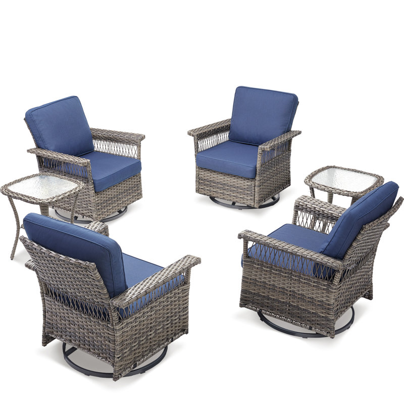 Swivel PE Wicker Rattan Outdoor Rocking Chairs Set With Side Table (4 Chairs And 2 Side Table), Blue