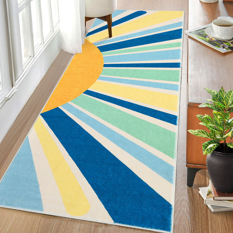 3x8 Runner Area Rug, Machine Washable Colorful Area, Non Slip Rug for Living Room, Indoor Non-Slip Carpet, Modern Minimalist Front Door Mat, Sun Accent Rug for Bedroom, Playroom, Blue