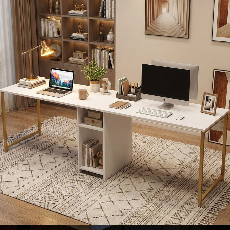 Bureau d'étude 95 po pour 2 personnes, Blanc / Doré