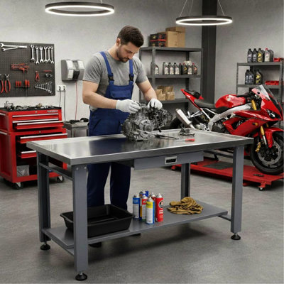 Table de machine robuste de 59 po, plateau en acier inoxydable lisse, trou de bonde pour la vidange de liquide, zone de travail de 33 po de profondeur, pièces de tiroir, construction de démontage de contenants de liquides, gestion, large