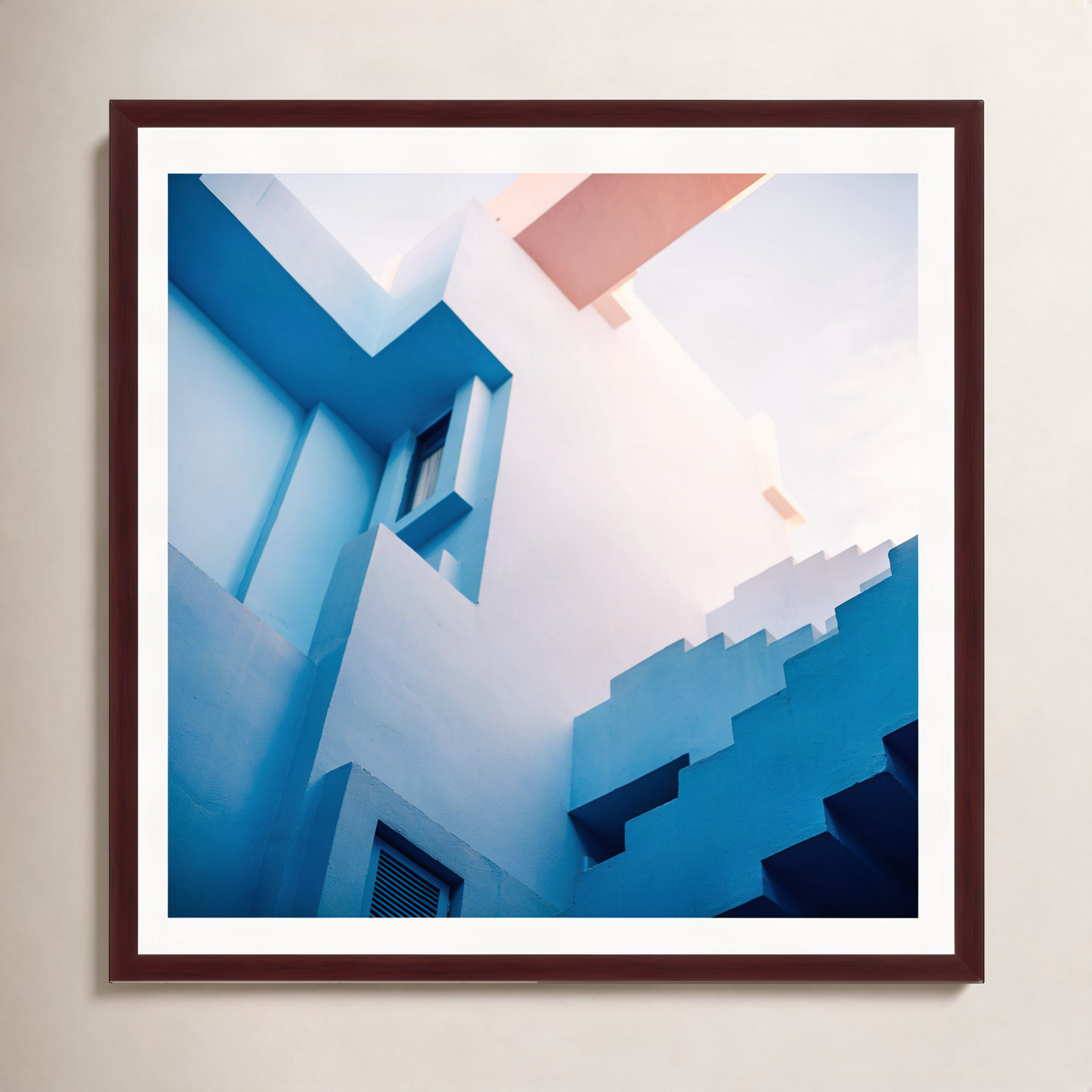 Muralla Roja Blue And Pink Geo by Raisazwart, 30" H x 30" W x 2" D, Mahogany Floater Framed, No