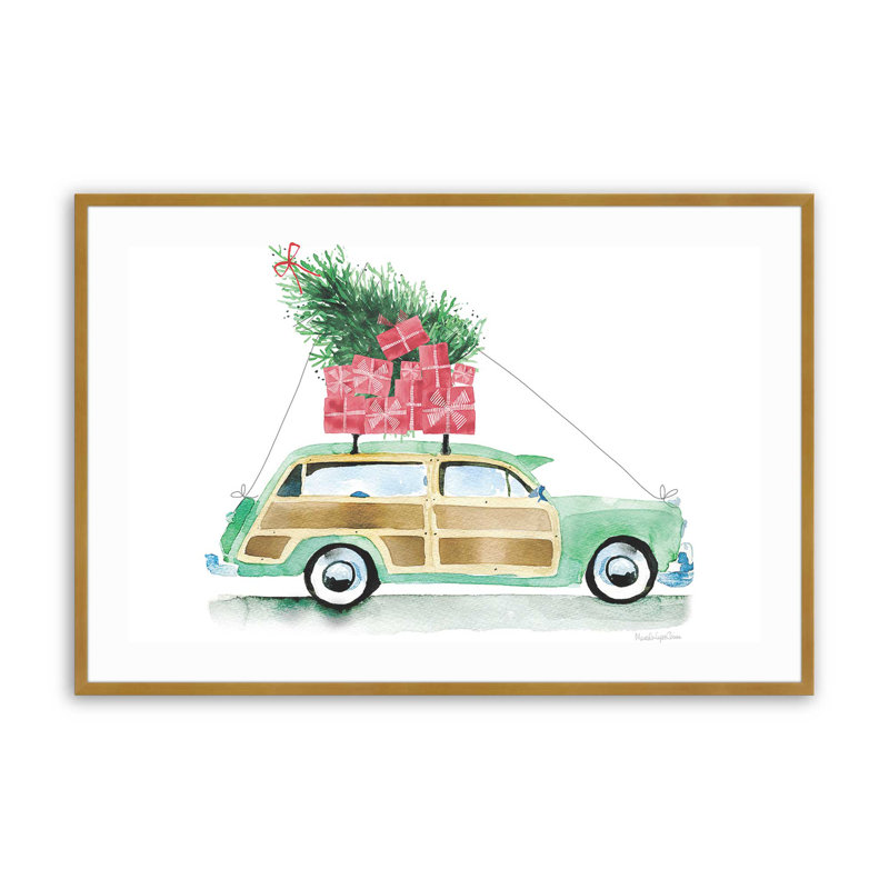 Impression de voiture de Noël rétro, Cadre doré poli, H 19,25 po x l 25,25 po