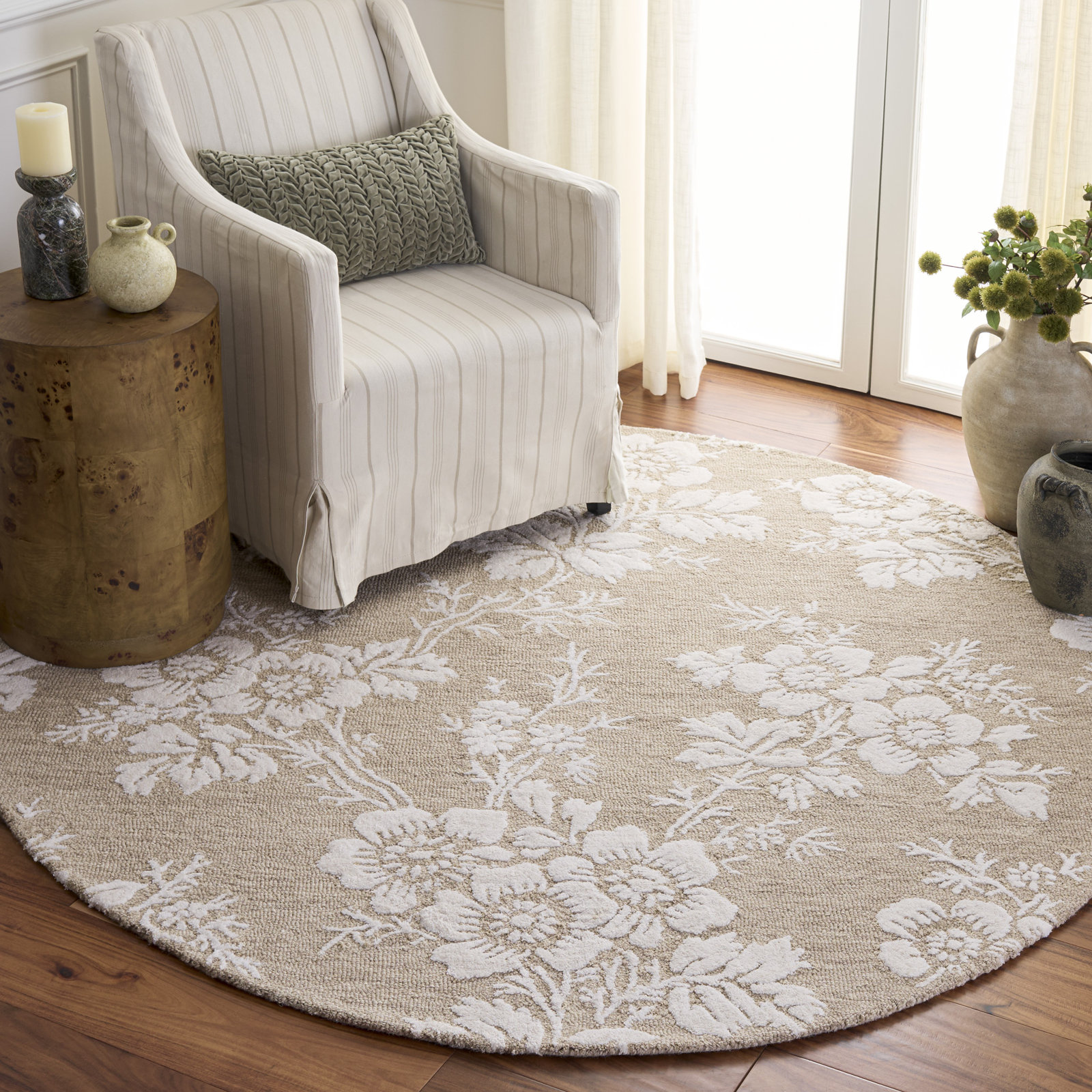Glamour Hand Tufted Wool, Viscose Floral Indoor Rug, Round 6'