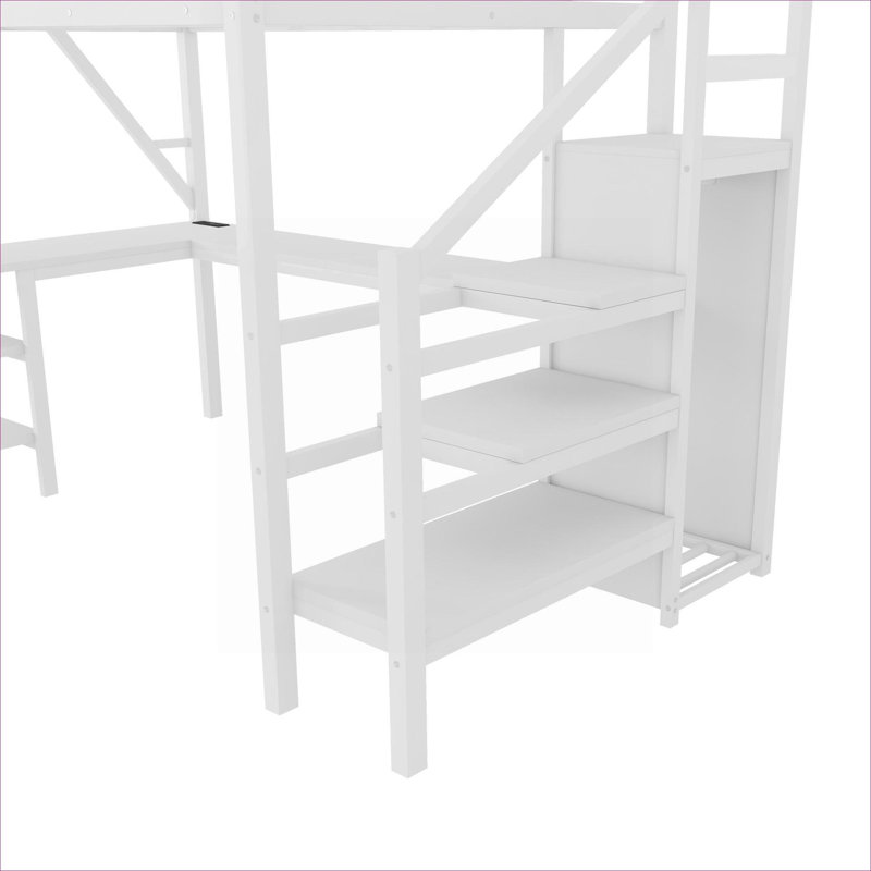 Lit mezzanine pleine grandeur peu encombrant, structure en métal blanc doux avec garde-robe intégrée et bureau en forme de L, idéal pour les adolescents et les chambres d'adultes