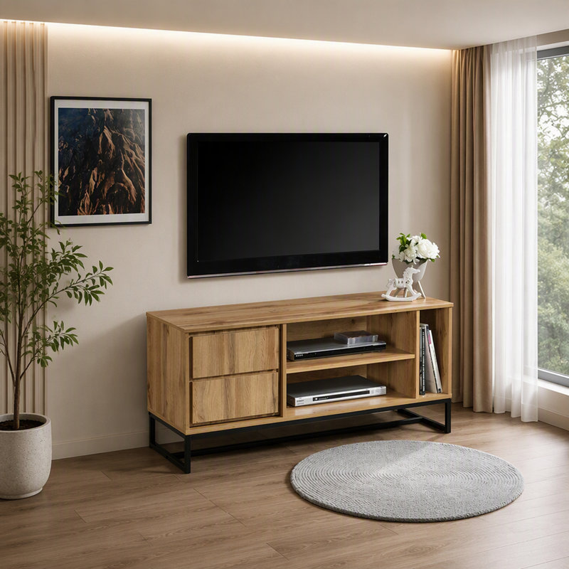 Meuble télé/console multimédia de style moderne du milieu du siècle avec plusieurs compartiments de rangement