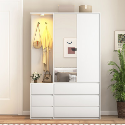 Garde-robe H 71,7 po, garde-robe de chambre en bois avec 2 portes et 6 tiroirs, armoire de rangement pour vêtements moderne avec tablettes de rangement et rail de suspension, blanc