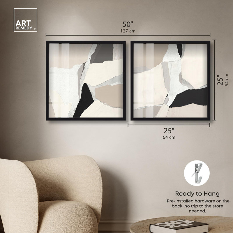 Ensemble de décorations murales neutres « Stone Layers » avec cadre-cadre d'Art Remedy, cadre noir, 12 x 12, Black Frame