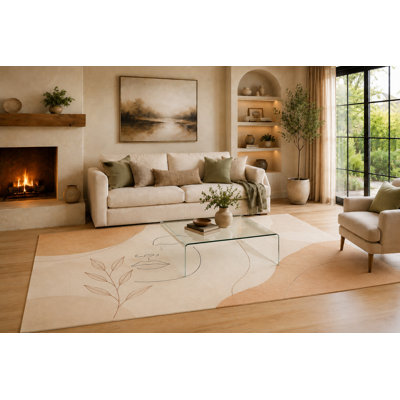 "Ultra Light Weight" Large 6'7" x 9'10"  Peach and Cream Botanical Face Sketch Area Rug for Living Room, Soft Low Pile Carpet with Non-Slip Backing for Bedroom, Dining Room and Office