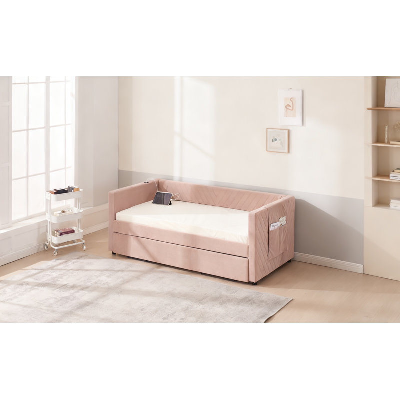 Lit de jour simple rembourré avec lit gigogne, port USB, poches latérales, conception moderne à dossier en V, aucun sommier nécessaire, pour chambre à coucher, chambre d'amis (rose, simple)